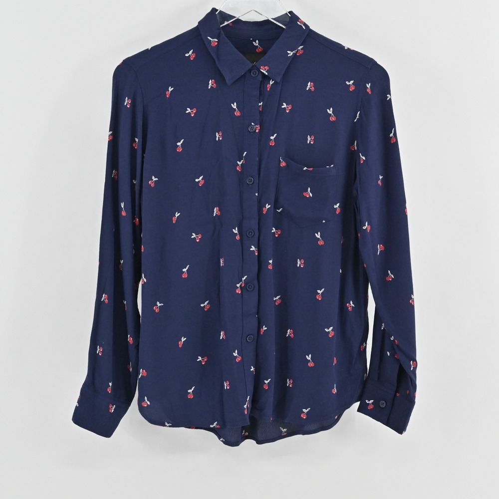 Rails Womens Kate Top Size XS Cherry‎ Print Preppy Button Navy Blue Long Sleeve